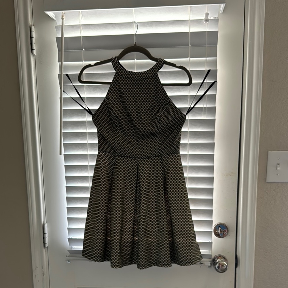Papaya Gold Black Halter Pleated Cocktail Dress